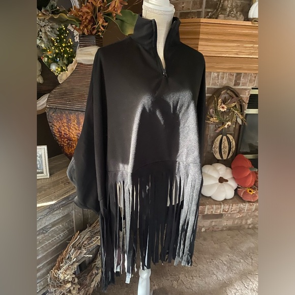 Sweaters - Black Fringed Poncho with Armholes